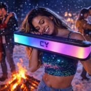 CYOMI Aqua 798 RGB soundbar placed on desk with ambient lighting, modern speaker for music and entertainment