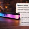 CYOMI Aqua 798 RGB soundbar showing product specifications, LED light bar speaker with clear stereo sound for home and office