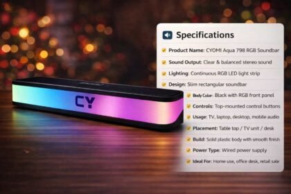 CYOMI Aqua 798 RGB soundbar showing product specifications, LED light bar speaker with clear stereo sound for home and office