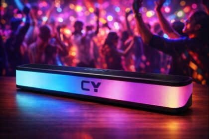 CYOMI Aqua 798 soundbar front view with RGB lighting strip and compact black design