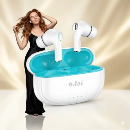 jai air x4 bluetooth earbuds white case blue inside