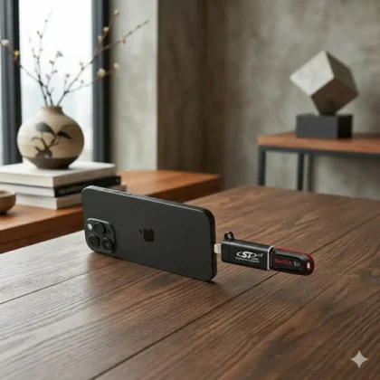 ST Lightning OTG USB 3.0 Adapter connected with iPhone and pen drive for fast data transfer