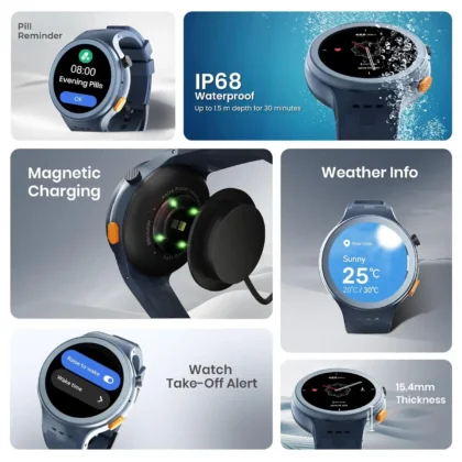 AGEasy Protec smartwatch features IP68 waterproof magnetic charging weather info